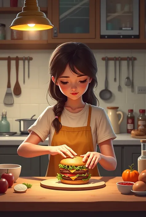 A girl preparing hamburgers in a kitchen 