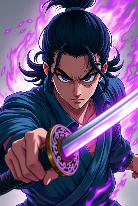 A young swordsman with a scar over his left eye, wielding a majestic katana in an action pose. Mystic Flames flowing out of the katana (purple colour)

Make it as a manga character 