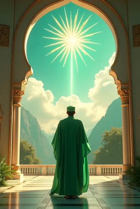 Paradise palace , a heaven man with green panjabi is standing and looking to the sky where a bright light and written Allah in arabic text in tte light.