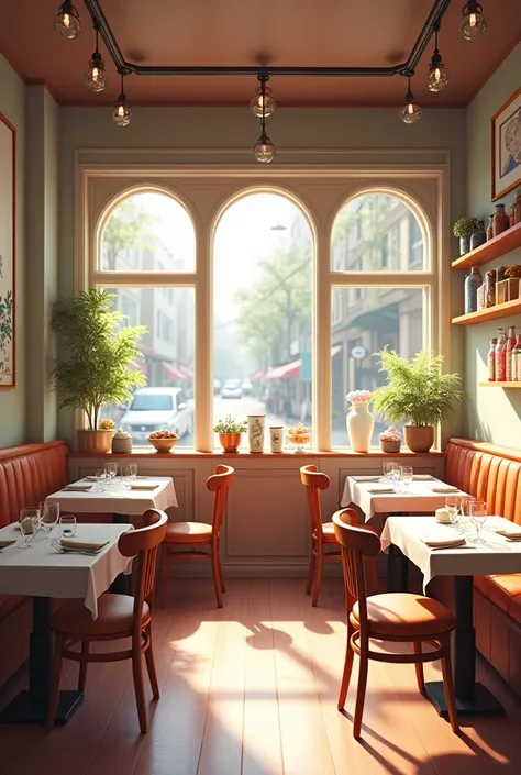 Render interior perspective of a snack cafe with its tables and seats 
