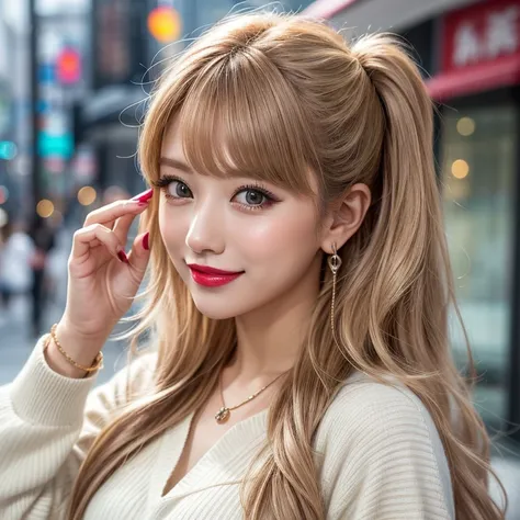 In town、White dress、The style is very good、4K、high resolution、looking at the camera、Beautiful Japanese、1 female、2、OL、The best smile for the photographer、Makeup is heavy、lipstick、Blonde long hair、Earrings、necklace、