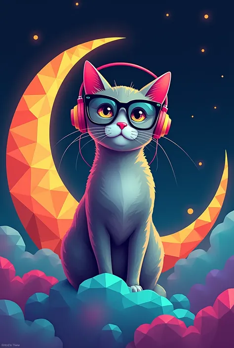 A cat, echo of geometric figures, with black glasses and large colored headphones, over the moon.