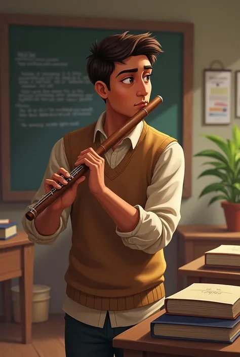 Short brown indian guy who is a flautist who is quite smart at school  sometimes rude not very funny