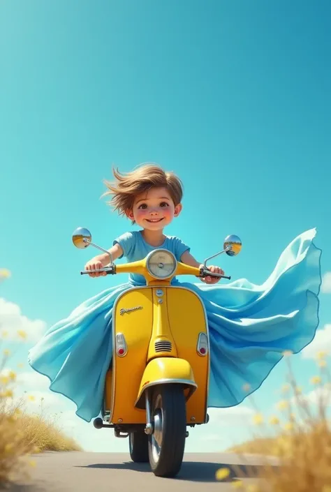 A boy in a blue dress on a yellow motorcycle with the sky