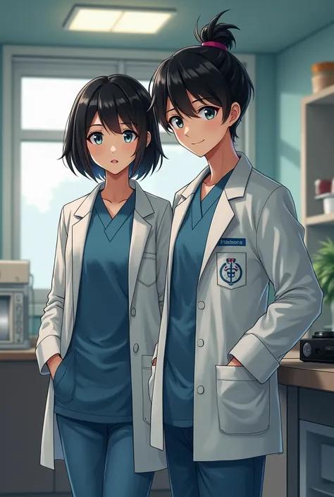 Black haired nurse, with her white jacket, round face, with her hair up and of medium height, not very thin, next to her boyfriend DJ 