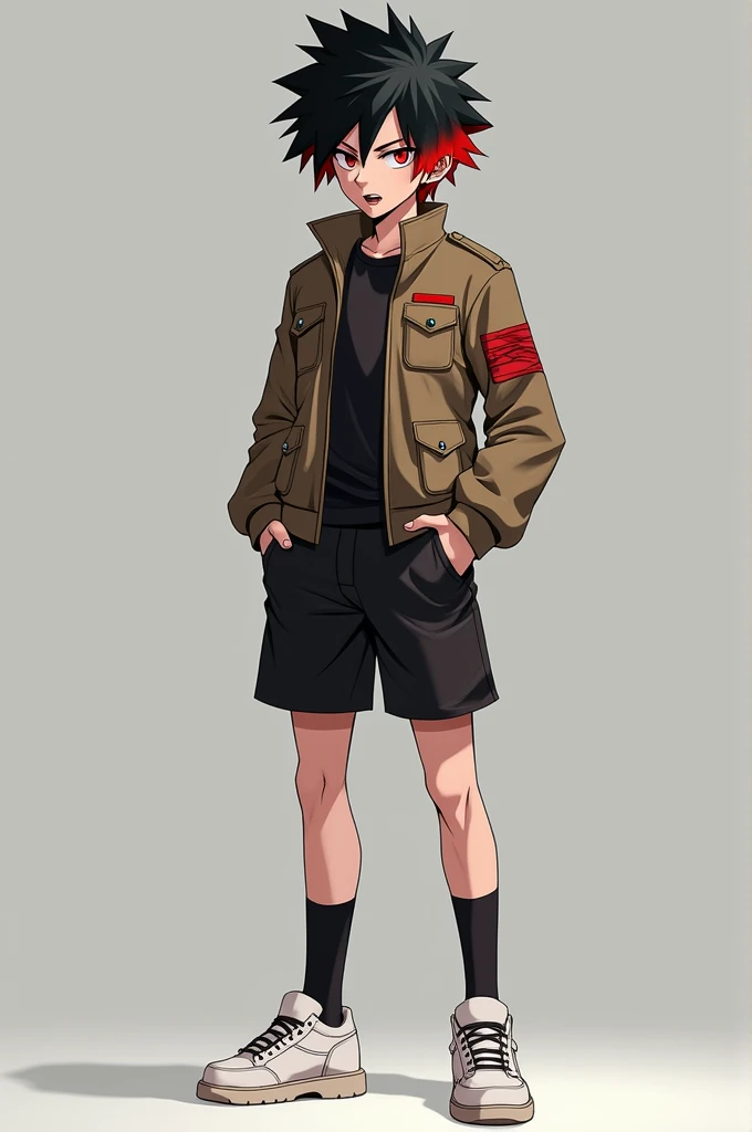 Create a pubescent Boku no hero academia style character, high, masculine, with black hair and streaks of red hair that match the black hair, Red eyes, a penetrating look, a fang mark under his left lip, with a thin brown military-style jacket, a tight bla...