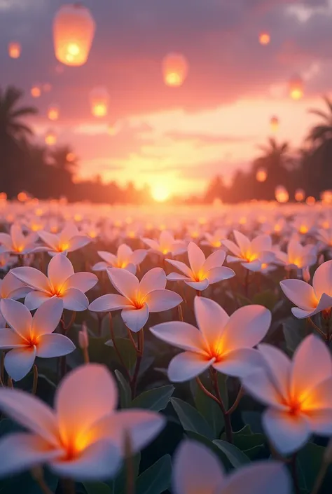 A vast white plumeria field in sunset with sky lantern