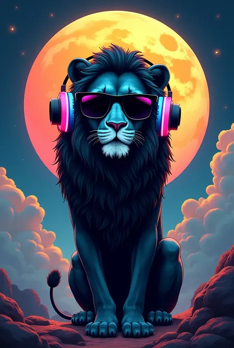 An abstract DJ lion, with black glasses and large colored headphones, over the moon.