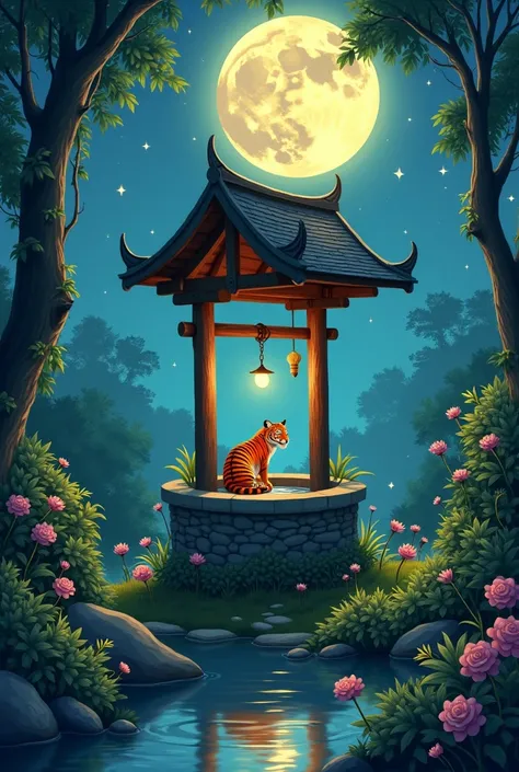 decorated with a full moon, wishing well, a small orange tiger drinking water from a tall wishing well, a hand illustration in the style of a painterly style illustration, ultra realistic and highly detailed illustration resembling a Kodak Ektar photograph...