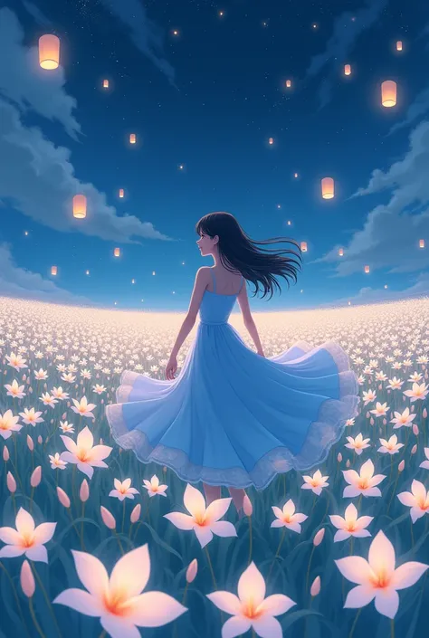 A vast white plumeria field at night with sky lanterns above the sky, with a woman in baby blue dress happily swirling in the middle, beautiful anime