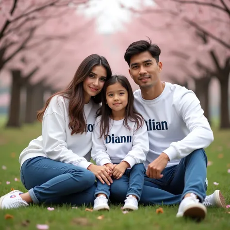 A family dressed in blue pants, the mother and daughter, white sweatshirt with the names in black letters, the mother "diana" The daughter "Liliana"  el papá and the son pans azul sudadera blanca con los nombres el papá "Jenaro" and the son "Cristiana"  si...