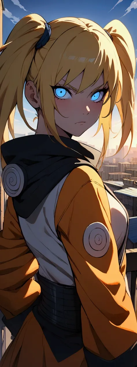 ((Masterpiece)),((ultra detail)), 1girl,naruto uzumaki ,yellow hair, naruto,  beautiful, twintail hair, blue eyes, serious face, looking at viewers, city background, powerfull, naruto clothes,