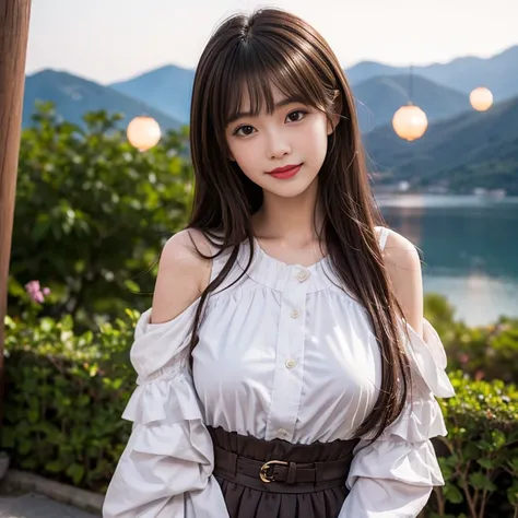 laughing out loud，knee shot, The background is Sun Moon Lake，Clothes worn by Japanese idol singers，1 female, light brown hair, blunt bangs, hair behind ears, Shoulder-length hair, long hair, Slender body type, 超face slimming型, face slimming, delicate lips,...