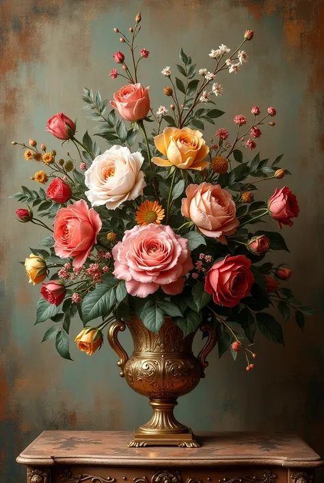 Create a royal image of renissance period of flowers and canvas