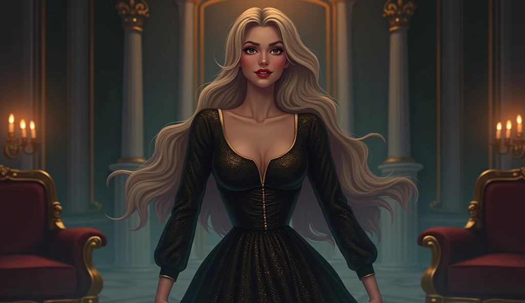 LunaAppearance: A beautiful young woman, around 2, with fair skin. She has long, blonde hair styled in elegant curls, cascading down her back. She wears a glamorous golden evening gown that sparkles in the dim light, though it’s slightly disheveled, hintin...