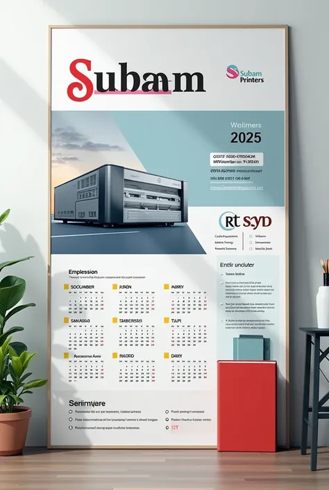 Title: Subam Printers

Subtitle: Your Trusted Printing Solution

Contact Information:

Phone: 7200889543, 8870536632
Address: Near Kongunadu Hospital, 11th Cross, Gandhipuram, Coimbatore

Images to include:

2025 Calendar
Diary
Style: Professional, clean, ...