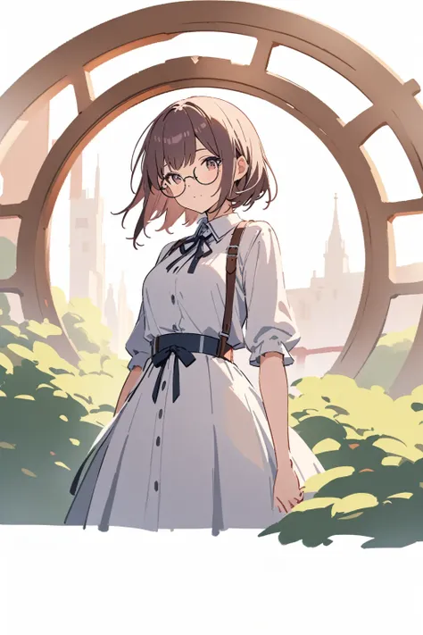 Official art using high-quality hand-drawn watercolor sketch techniques. (best quality,4k,8k,highres,masterpiece:1.2),ultra-detailed, girl, solo, alone, 2.5d, standing, (((silver semi-rimless round eyewear:1.3))), dress, extremely detailed clock background