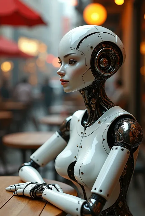 A female robot sits at a table in a street cafe, Best quality, high quality, absurdity, masterpiece, Beautiful, complex parts, 1/2 body trimmings, slender body, Beautiful figure, Magnificent Anatomy, (complex parts:1.12), HDR, (complex parts, hyperdetailin...