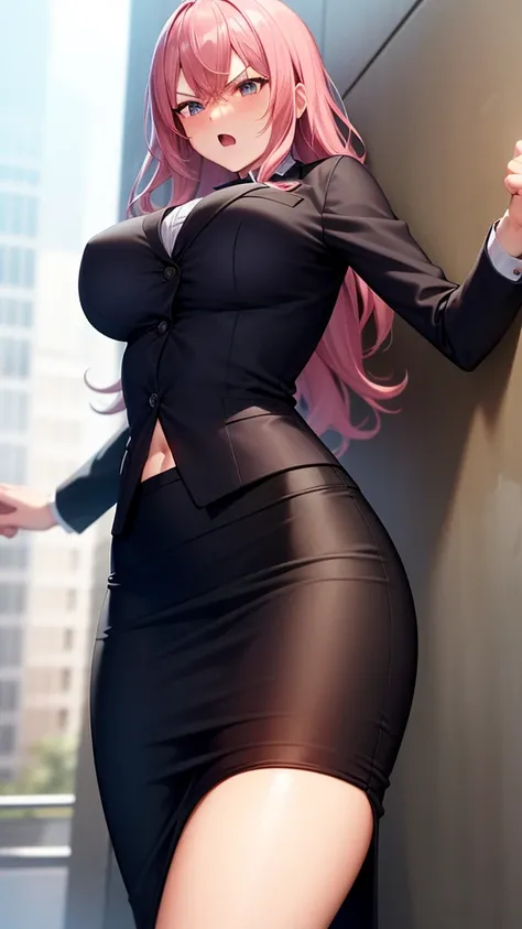 masterpiece, best quality, high detail, beautiful angry business woman punching wall, solo focus, long wavy hair, pink hair, (black blazer), (black midi pencil skirt), long skirt, ((muscles)), abs, tight clothes, wide hips, office building, 