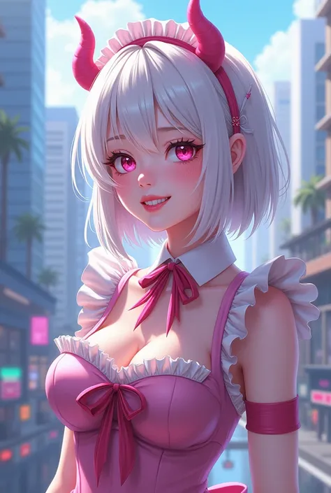 young anime woman, solo, pink skin, white hair, pink demon horns, maid outfit, smiling, sharp teeth, pink eyes, 4k, girlfriend pose, cityscape background