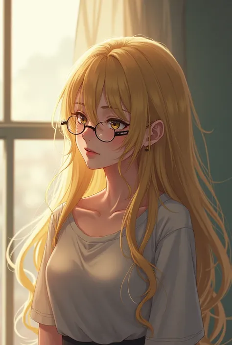 アニメ, blonde woman with long hair and glasses , she misses him and thinks of Hicham 