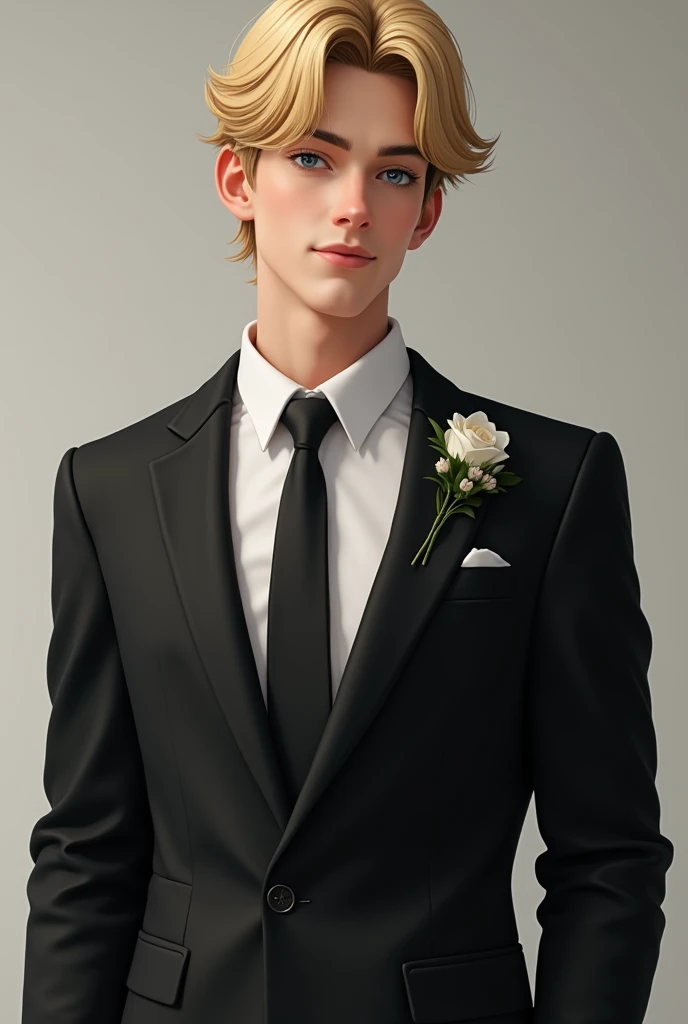 Screenshot My hero academia Blond boy with blue eyes, straight hair combed to one side, slight smile and a slight shine in his eyes wearing a black wedding suit, he is the groom
