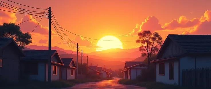 sunset in the village, Lo-fi, You see a landscape where the sun is setting between the houses