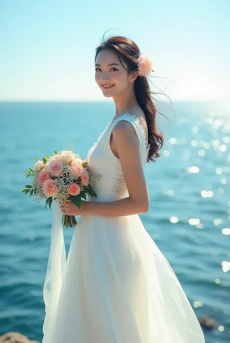 Japanese women/Stylish/White dress/Like a wedding dress/The background is the sea/Bird&#39;s-eye view/good weather/Holding a bouquet in her left hand/A sparkling smile