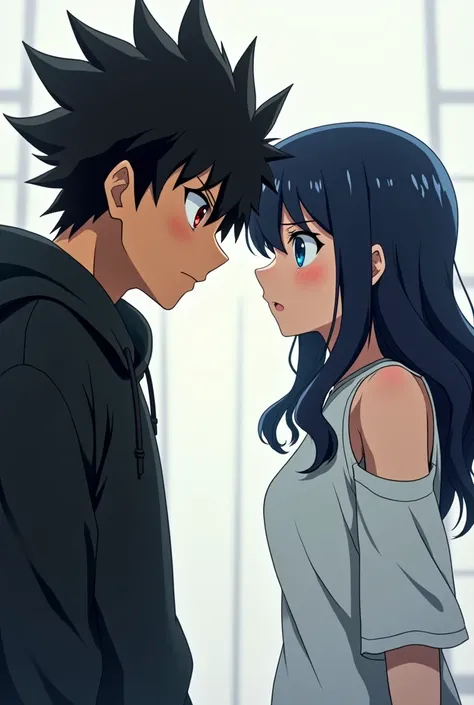  Anime boy ((( Spiky hair , black hair , black hoodie , red eyes , narrowed eye , handsome ))) , Anime girl ((( blue eyes , friendly eye , dark blue hair , long wavy hair , white open shoulder t-shirt , blank long sleeves t shirt ))) fighting each others ,...