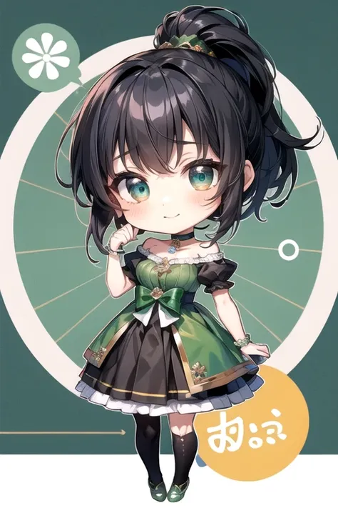 (Highest quality)、(Highest quality)、cute、(choker).eyes are emerald、(ponytail)、(Black Hair)、(high school girl).((Chibi Character)).