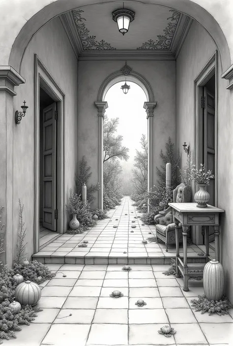 Create a perspective drawing of a room or outdoor space where the laws of perspective are altered in a surreal or imaginative way. For example, objects could appear to float, grow larger as they recede into the distance, or merge with other objects in unex...