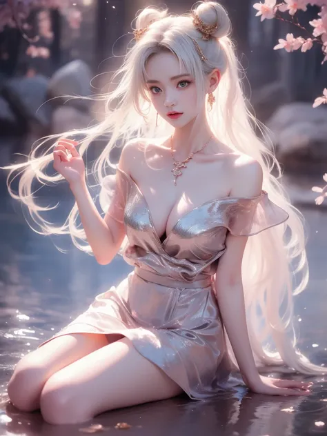 1girl,silver hair,off shoulder,red eyes,long hair,double bun,hair ornament,necklace,（(Girl lying in the river))、night，moonlight，((water花飞溅, water滴, water流, water，流动的water，water，流动的water滴，飞溅的water喷，飞溅的water滴，water滴落，The beating waves，)) (masterpiece, best q...