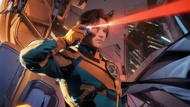 A man, brown hair, blue form-fitted suit with a yellow belt and straps, yellow gloves, standing with hand to the visor, looking forward shooting a laser beam, muscular build