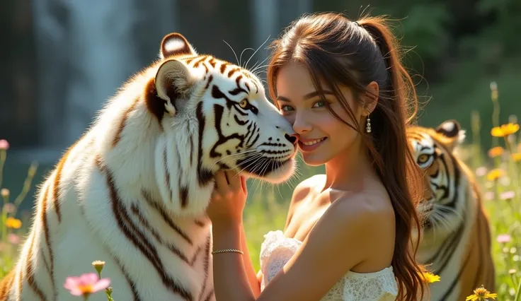 2 tigers, 1 girl, in a sunny meadow, (Girl as a tiger rider, (hugs and kisses)), (the second tiger is white, (hugs and caresses the girl)). Tigers are big and different. The girl is very beautiful, Model appearance, 2, blue big eyes, makeup, pronounced dou...