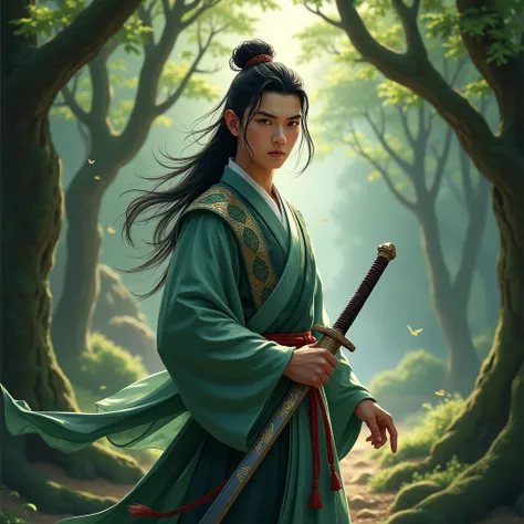 Handsome young chinese man in his traditional attire, sword in hand, surround by trees, Long Hair, Depth Of Field, 