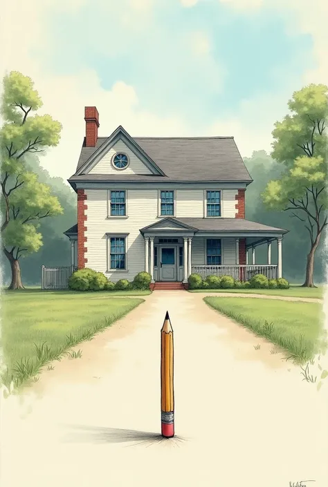 One-point perspective of a house with a pencil setting 