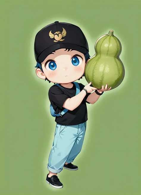 A boy, Casually dressed in a black cap with a distinct logo, a black t-shirt, and light blue pants, hold a large gourd and stand in a relaxed pose against a plain light green background. Look is complemented by matching black shoes, a blue crossbody bag, a...