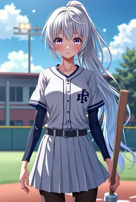 super high quality、white hair 、Purple Eyes、girl、High school student 、single ponytail、Baseball player、light colored clothes、Long sleeve dark underwear、pantyhose