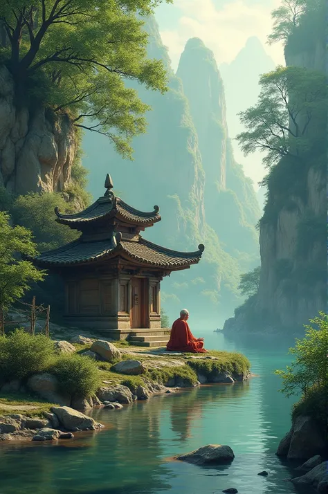 Ancient times，Beside a small river，There is a very small temple，There is an old monk meditating next to the temple.。