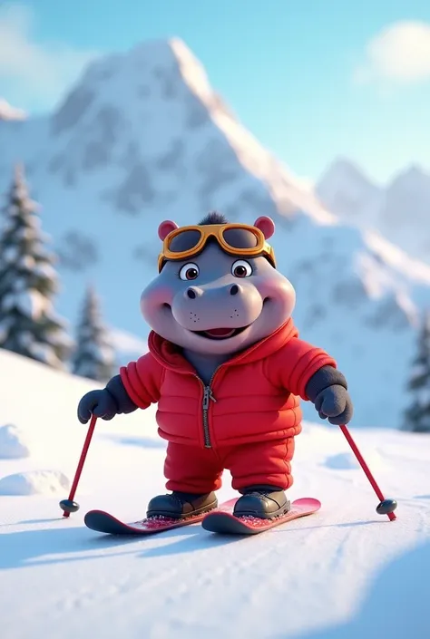 一只穿着红色衣服戴着护目镜ski的小河马，cute，Pixar，Snow Mountain，ski，Realism，3d