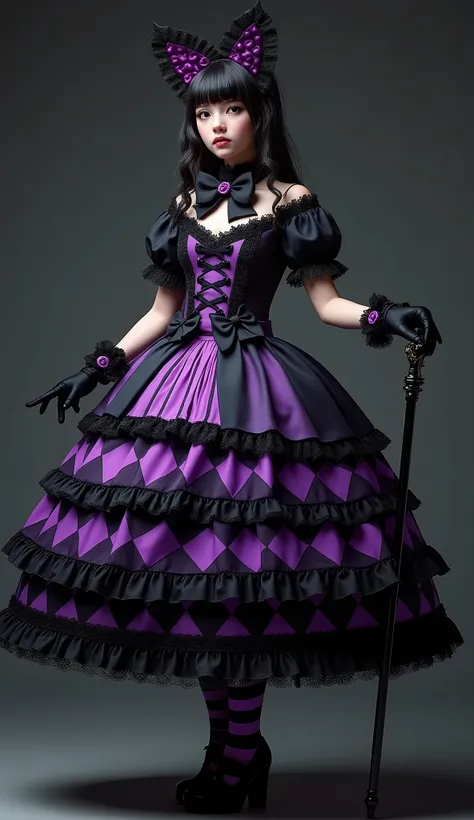 gothic Lolita-style dress with a distinct purple and black color scheme, 
dress features a short-sleeved bodice with alternating stripes of purple and black, adorned with small black bows and buttons,
A-line layered skirt, voluminous, combining harlequin d...