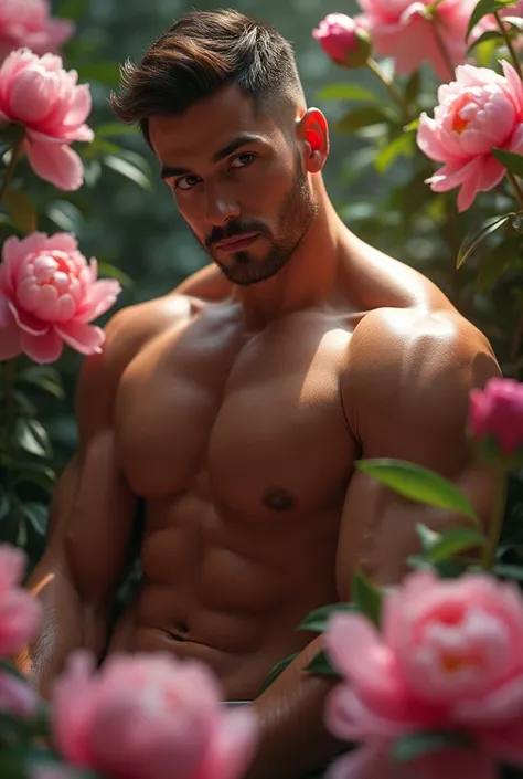 Very sexy muscle gay with peonies