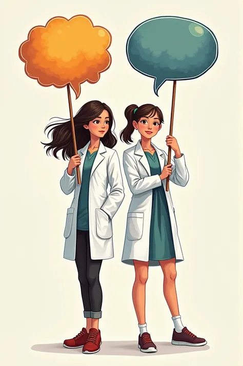 Two girls wearing white coats and holding comic balloons
