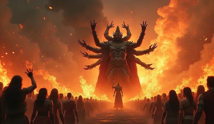 Ravanas Final Moments: A depiction of Ravana facing his end, surrounded by flames or battle, showing his downfall.
Shared Knowledge: An image of people discussing or sharing information, representing the spread of knowledge.