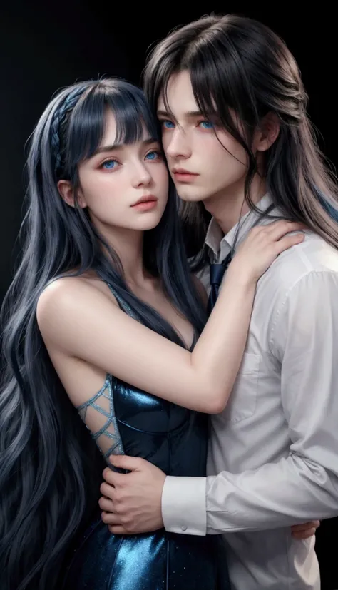 A male with blue eyes and a female with dark blue wavy long hair with bangs and blue eyes hugging each other.