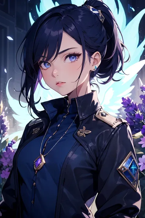 (Beautiful), 1 Girl, solo, beautiful, long navy blue hair, ponytail, lavender eyes, high neck shirt, collared full sleeves jacket, amethyst crystal locket, cold gaze, mysterious, blue phoenix in background, soft blue flames, blue flowers, (High quality), (...