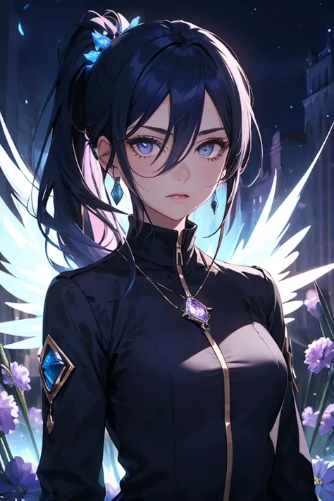 (Beautiful), 1 Girl, solo, beautiful, long navy blue hair, ponytail, lavender eyes, high neck shirt, collared full sleeves jacket, amethyst crystal locket, cold gaze, mysterious, blue phoenix in background, soft blue flames, blue flowers, (High quality), (...