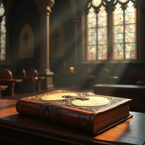 a detailed old leather-bound Bible with an embossed cross on the cover, beautiful antique book, intricate ornate binding, aged pages, religious, scripture, divine, faith, sacred, light shining through stained glass windows, cathedral interior, dramatic lig...