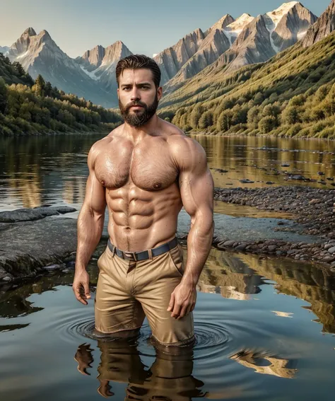 man with a beard and military shirt, standing at the edge of a lake, extremely handsome. (best quality,4k,8k,highres,masterpiece:1.2),ultra-detailed,(realistic,photorealistic,photo-realistic:1.37), detailed eyes, detailed lips, brown beard, muscular, confi...