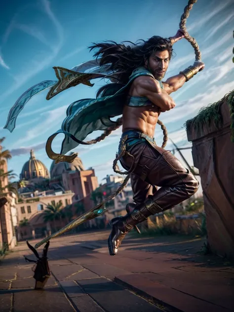 create a highly detailed and realistic 8k image of a muscular, acrobatic young warrior with tan skin and flowing dark hair. he i...